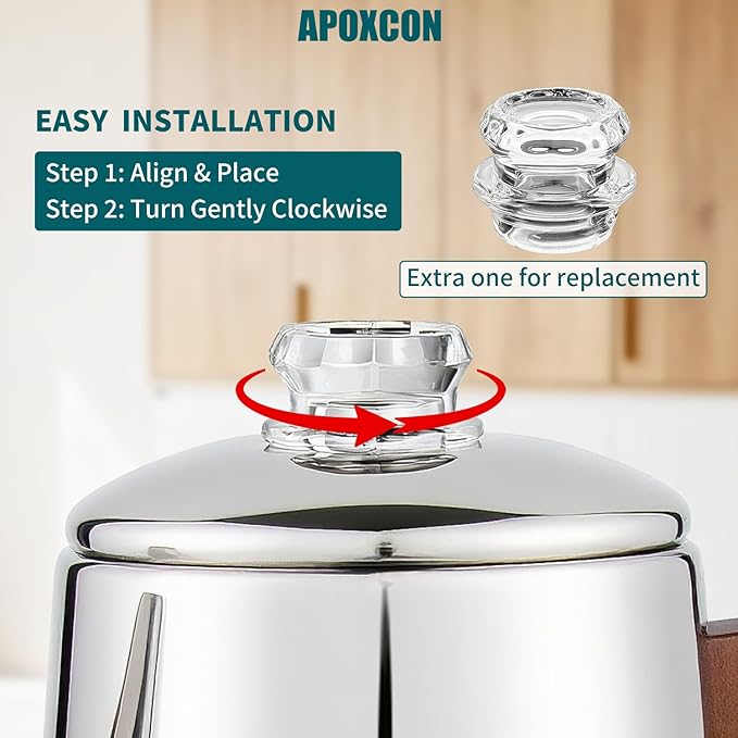 APOXCON Electric Coffee Percolator Stainless Steel Coffee Pot with Two Tough Glass Clear Brew Progress Knob & Treated Solid Wood Handle & On/OFF Switch Auto Keep Warm Cordless Serve (8 Cup)