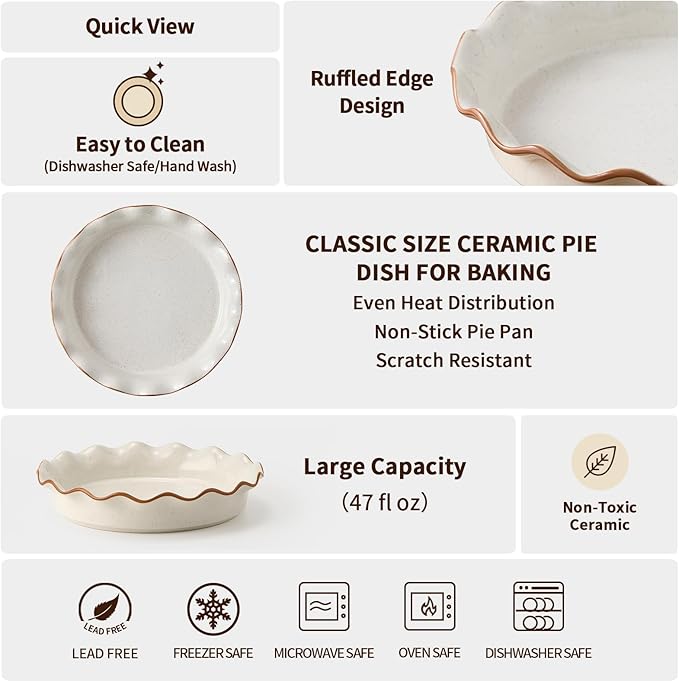 SIDUCAL Pie Pan for Baking 10.5 inch,NonStick Reusable Ceramic Pie Plate with Ruffled Edge,Dishwasher and Oven Safe,Deep Dish Pie Pan for Apple Pie,Quiche,Pot Pies, Tart, etc（White）