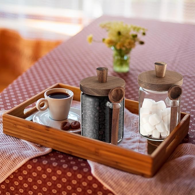 Remerry Set of 6 Glass Jar with Wooden Lid and Spoon, Clear Airtight Spice Canisters Glass Food Storage Kitchen Containers Set for Coffee Bean Tea Sugar (20 oz)