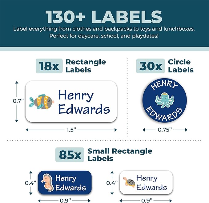 Personalized Daycare Name Labels for Kids (130 Labels) - Custom Waterproof Name Stickers for Clothing Tags, Water Bottles, Lunch Boxes and School Supplies (Water Animals)