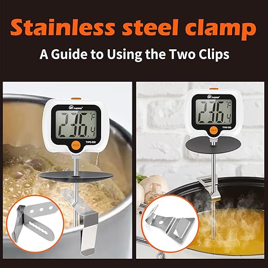 Digital Candy Thermometer with Adjustable Display, 304 Stainless Steel Probe, -58°F~572°F, White Body, Includes 2 Pot Clips & Heat-Insulating Pad for Sugar Syrup, Jam, Chocolate, Frying Oil