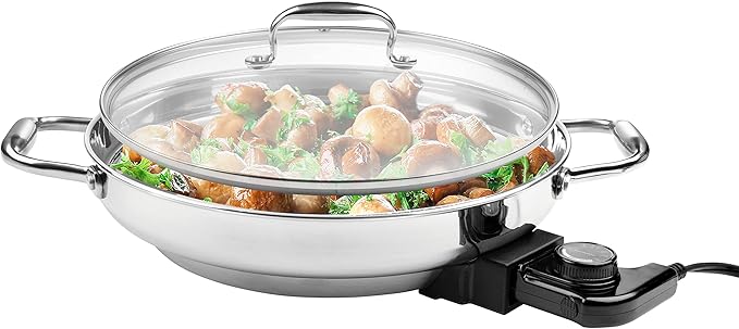 Electric Skillet By Cucina Pro - 18/10 Stainless Steel Frying Pan with Tempered Glass Lid and Handles, 12" Round, Adjustable Temperature Control Knob, Portable and Includes Recipe Guide, Great Gift