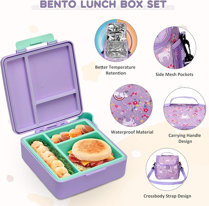 Pawtong Lunch Box Set with Bento Box Container, 17OZ Stainless Steel Food Soup Thermo, Kids Water Bottle & Portable Insulated Lunch Bag, Leakproof, Hot/Cold Retention for School, Travel (Purple-Horse)
