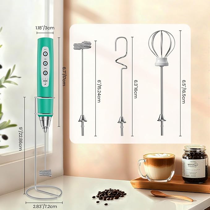 Colarlemo Milk Frother Handheld Rechargeable with Stand, Frother Wand Drink Mixer Electric Whisk for Coffee, Detachable With 3 Stainless Whisks, Hand Mixer for Lattes, Cappuccino, Matcha, Egg, Green