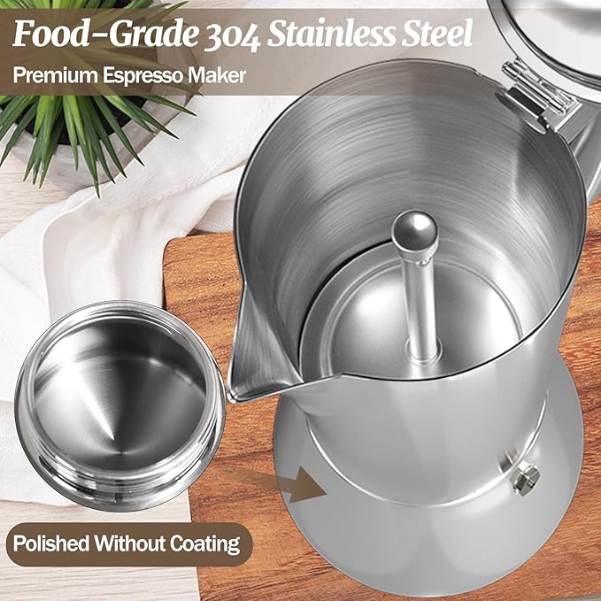 4 Cup Thickened Moka Pot 304 Stainless Steel 200ml Italian Espresso Coffee Maker Stovetop CoffeeMakers Mocha Pot Percolator for Induction Stove Classic Cafe Makers Portable for Easy Brewing