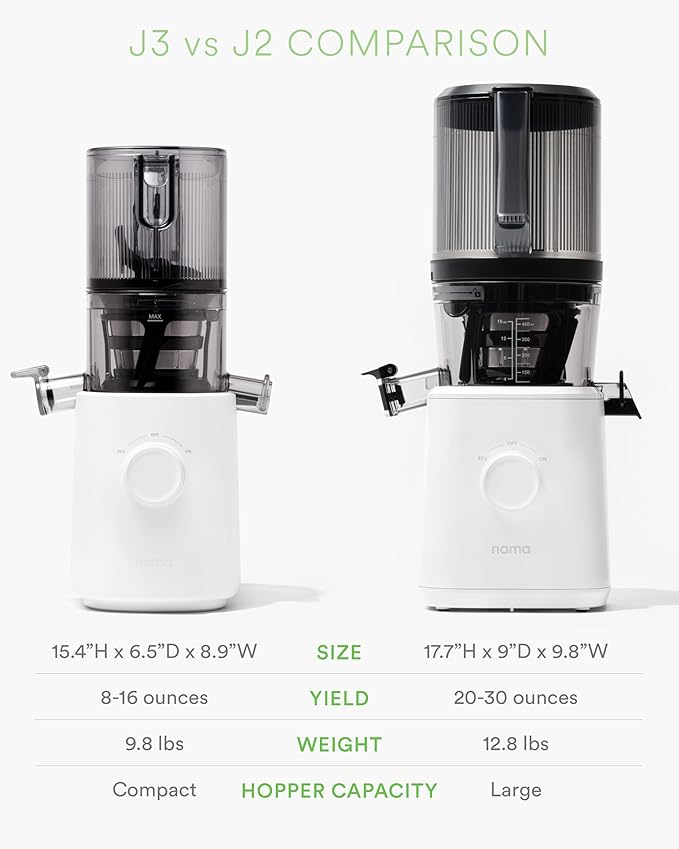 Nama J3 Compact Cold Press Juicer – Space Saving & Self Feeding for Hands-Free Operation – Lightweight, Portable Zero Waste Slow Masticating Juicer – Easy Cleanup & Assembly - White