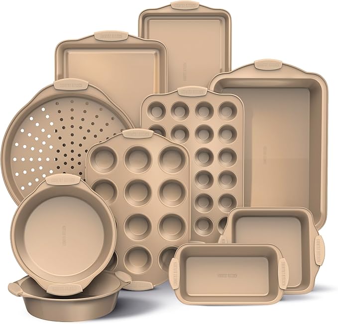 Country Kitchen Nonstick Stackable Bakeware Set - Heavy Duty, Durable, Easy Release Baking Set, Gold, 10 Pcs