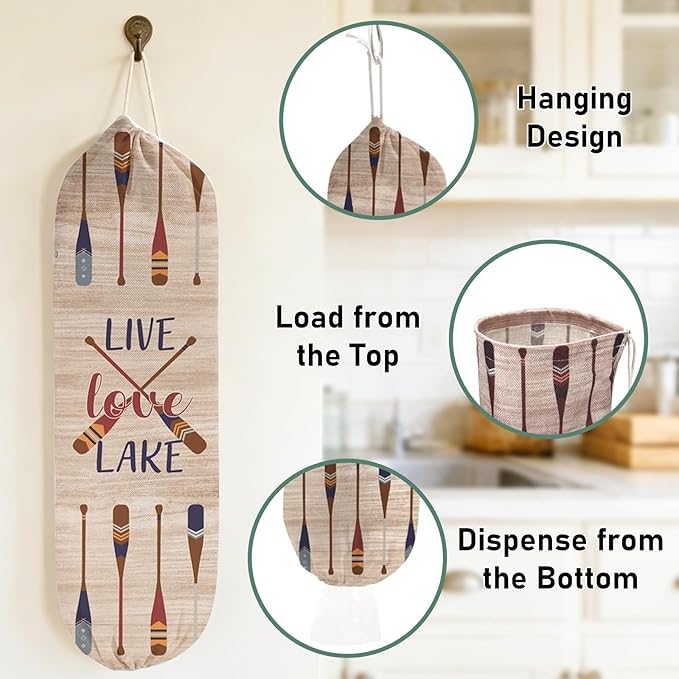 2Pcs Lake House Plastic Bag Holder for Kitchen Essentials, Reusable Hanging Grocery Bag Organizer, Washable Large Grocery Trash Bags Storage Dispenser Lake House Decor for the Home