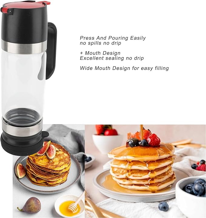 Bewinner Glass Honey Dispenser Pot - 350ml Honey Dispenser Portable Clear Glass Syrup Dispenser with Handle, Prevent Dripping,Honey Container for Coffee Shops Restaurants Home (Black)