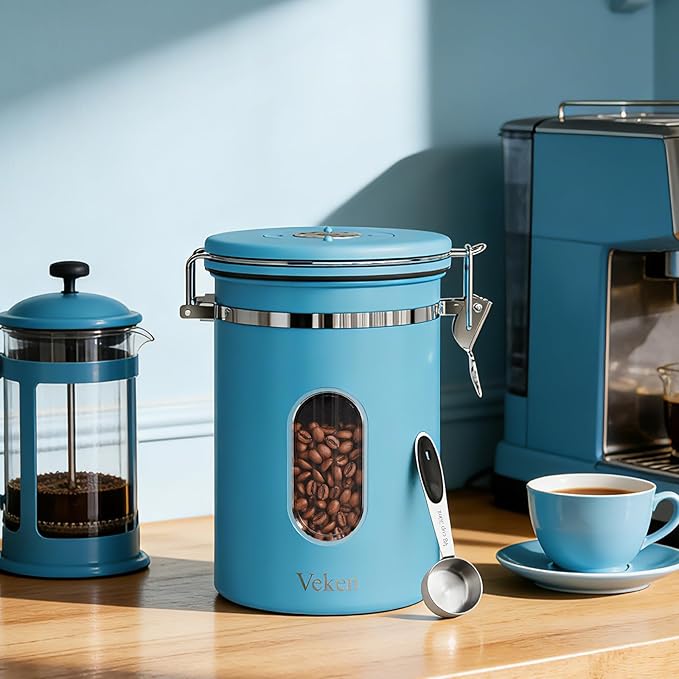 Veken Coffee Canister with Window, Airtight Stainless Steel Kitchen Food Storage Container with Lids, Date Tracker and Scoop for Grounds Coffee, Beans, Tea, Flour, Cereal, Sugar Jars, 22OZ, Blue