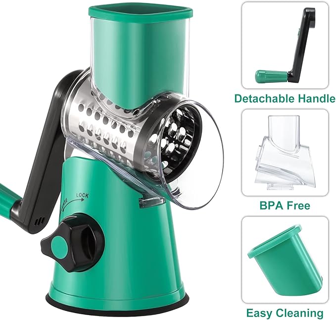 Cheese Grater Rotary, Rotary Grater for Kitchen, Kitchen Grater Vegetable Slicer with 3 Drum Blades, Fast Cutting Cheese Shredder for Vegetables and Nuts