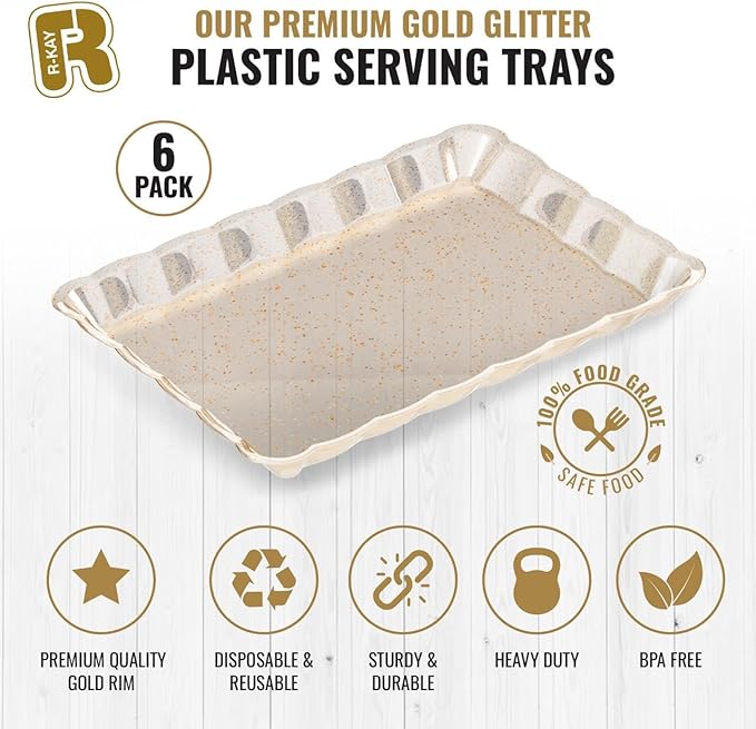 6 Pack Gold Glitter Plastic Serving Trays for Party, 9 x 13 Inch - Heavy Duty Plastic Gold Trays for Food - Rectangular Party Serving Platters