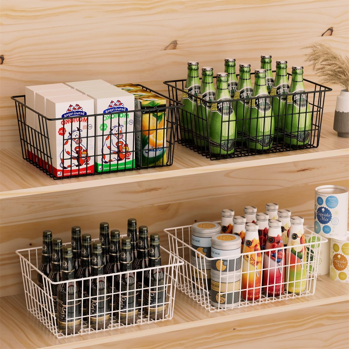 SANNO Freezer Baskets Metal Storage Organizer Bin Basket Wire Storage Basket for Kitchen Pantry Bathroom Large Metal Farmhouse Food Fruit Produce Organizer Bins,black,2