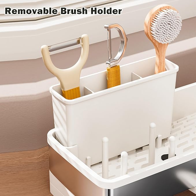 Sponge Holder for Kitchen Sink,Sink Caddy Organizer with Removable Brush Holder,Kitchen Countertop Soap Dispenser Storage with Detachable Towel Rack,White