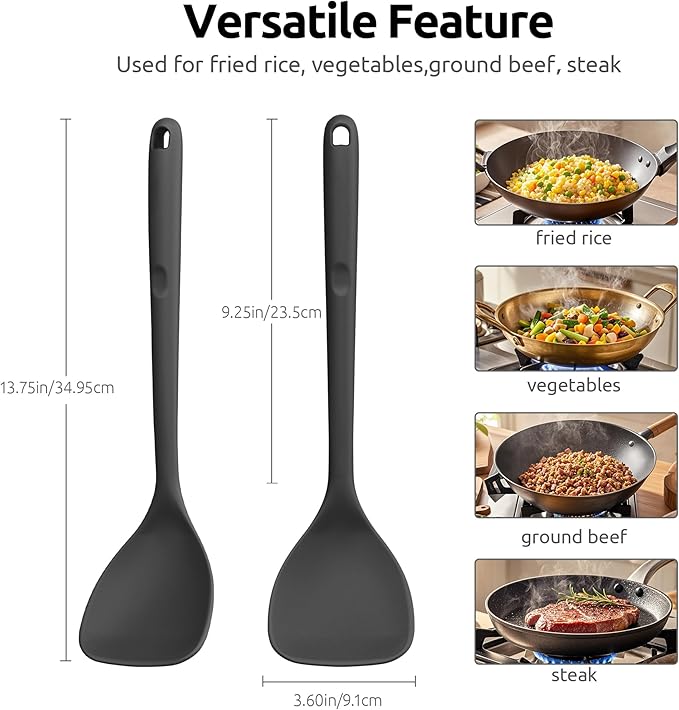 U-Taste 600ºF High Heat Skinny Silicone Jar Spatula and 600ºF Heat Resistant 13.76" Long, 3.63" Wide Wok Spatula for Kitchen Stir Fry (Black)