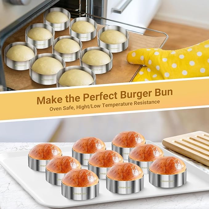9 Pack Hamburger Bun Rings, Burger Mold, 4.2 inch Large Ring Molds for Cooking, Nonstick, Made of Food Grade 304 Stainless Steel, Cooking Rings for Fried Eggs, Crumpets, Pancakes, Muffins and More