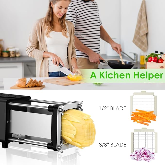 YOTAN Electric French Fry Cutter, French Fry Cutter with 1/2 & 3/8 Inch Blade, Commercial and Household Electric Potato Cutter, Automatic Potato Slicer, Vegetable Cutter, House Warming Gifts (Black)