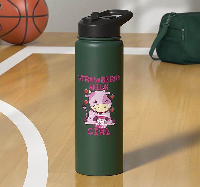 Strawberry Milk Girl Japanese Strawberry Shake Cute Pink Cow Stainless Steel Insulated Water Bottle