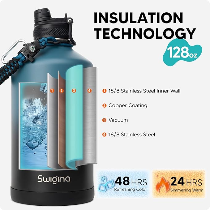 Swigina [2-IN-1 LID] Gallon Insulated Water Bottle with Silicone Boot (48hrs Cold/24hrs Hot) - DIY Stickers, Leakproof, BPA Free, 128 oz