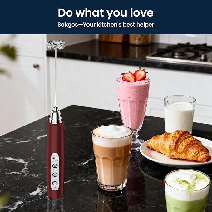 Sakgos Milk Frother Rechargeable Handheld-Electric Whisk 3 Speed Adjustable, Frother Wand Coffee with 3 Stainless Whisks, Electric Foam Maker, Drink Mixer Blender for Latte Cappuccino Matcha Egg