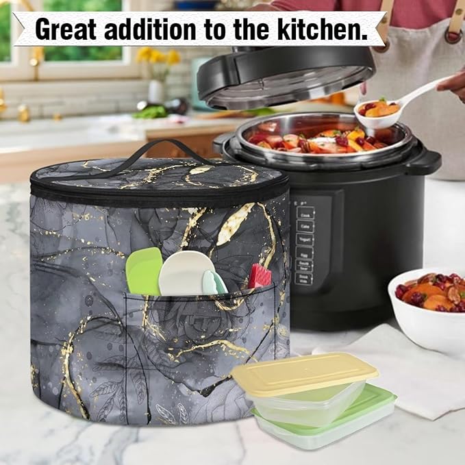 Electric Pressure Cooker Insulation Handbag Accessories Pockets Pressure Cooker Storage Bag Kitchen Decor, Rose Black Marble