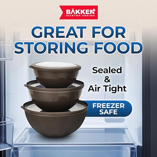 Bakken Master 12 Piece Plastic Nesting Bowls with Lids - Mixing Bowls Set includes 6 Prep Bowls and 6 Lids, BPA-Free, Reusable Meal Prep Containers, Microwave, Freezer & Dishwasher Safe, Brown