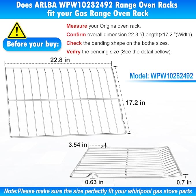 Upgraded 304 Stainless Steel WPW10282492 W10282492 Oven Rack Compatible with Whirlpool Range Oven Stove Wire Rack PS2377663 AP4511708 Y0R01003011 Y0R01003211 Gas Range Oven Rack w/Oven Rack Liner