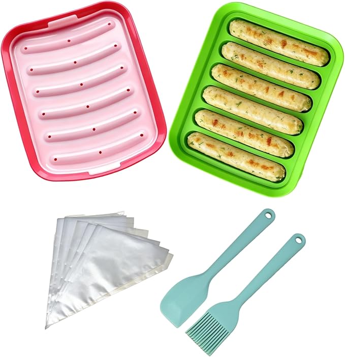 2 Pcs Silicone Sausage Mold with a Set of Silicone Brush Spatula and 25x Pastry Bags,Non-Stick Hot Dog Bun Pan,DIY Handmade Ham Sausage,Hot Dogs Baking Mold for Children's Food with Lid(Red,Green)