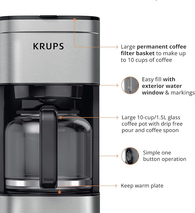 KRUPS Coffee Maker 10 Cups Simply Brew Stainless Steel Drip Coffee Maker,900 Watts-Coffee Filter,Drip Free,Dishwasher Safe Pot,Black & Silver,(Pack of 2)