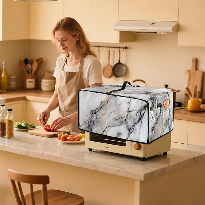 Toaster Oven Dust Cover Washable Fabric Convection Oven Cover Protector Compatible with Various Small Kitchen Appliances, M, Gray White Marble