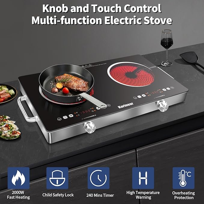 Karinear 2 Burner Electric Cooktop 110V, Portable Electric Stove with Handle, Knob Control Electri Hot Plate, Ceramic Countertop Burner, Timer, Safety Lock, 9 Power Level, 2000W, 24 inch(White)