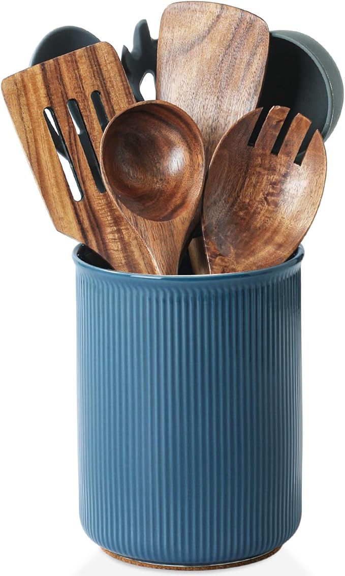 LoeJan Utensil Holder, Extra Large Utensil Crock, Stable Ceramic Utensil Organizer, Cooking Tool Organizer Set for Kitchen Counter Farmhouse Décor, Blue