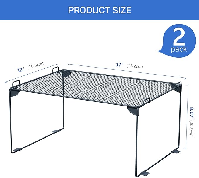 Neudeco Stackable Cabinet Shelf Organizer - 2 Pack Metal Mesh Stacking Shelves for Kitchen, Closet, Bathroom, Countertop and Cabinet -Gray