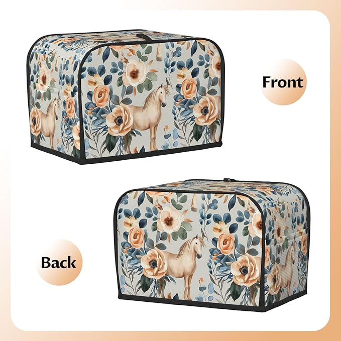 Beige Flower Horses Toaster Cover 2 Slice, Cute Rural Bread Machine Cover, Washable Dust-Proof Cover for Kitchen Small Appliance Cover,with Top Handle