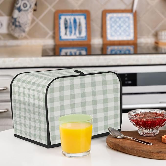 4 Slice Toaster Cover,Spring Light Green Gingham Checkered Plaid Small Kitchen Appliance Bread Machine Cover with Pockets,Dust & Fingerprint Protection