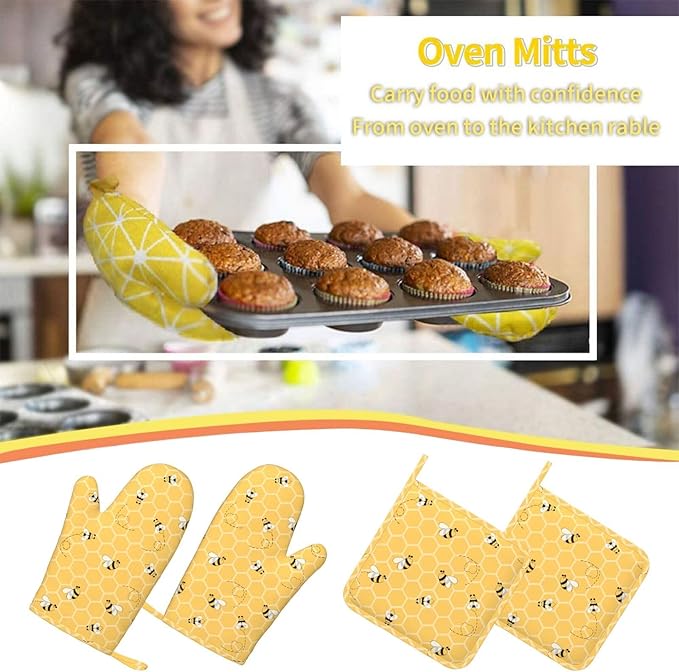 Yellow Honey Honeycomb Cute Bee Oven Mitts And Pot Holders Set Of 4 Silicone Heat Resistant Oven Mitten Potholders Non Slip Gloves Kitchen Decor For Bbq Cooking Grilling Baking