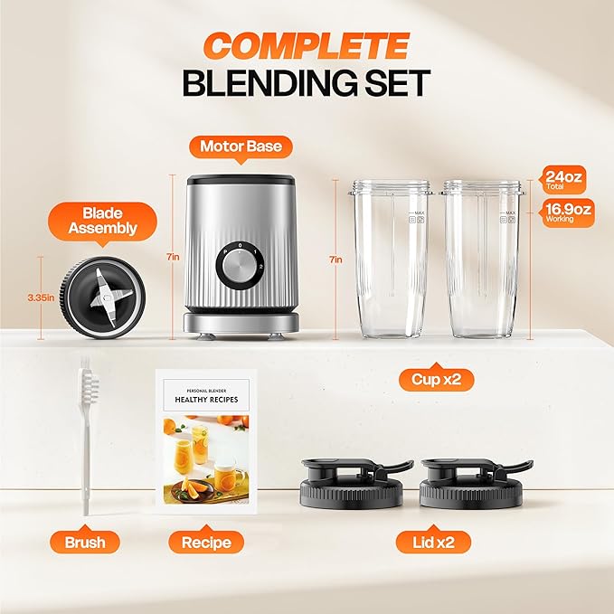 Turelar Blender for Smoothies Portable Personal Blender for Shakes and Smoothies for Kitchen with 2 * 24oz Portable Cups and Extra Lid, Smoothie Maker Machine for Juices, Baby Food, Nutritious Recipe