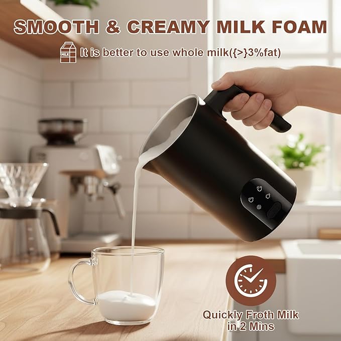 Electric Milk Frother Automatic Hot & Cold Foam Maker Auto Shut-Off Durable Stainless Steel Milk Frother with 4 Functions Enjoy Perfect Milk Froth in 2 Min for Coffee, Latte, Macchiato (Black)