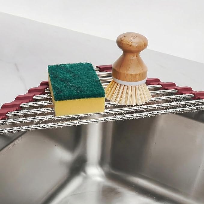 Tomorotec Foldable Stainless Steel Triangle Roll-Up Dish Drying Rack for Small Sink Corners - Over-The-Sink Multipurpose Kitchen Drainer, Rustproof Organizer, Trivet and Shelf - Space-Saving(Wine Red)