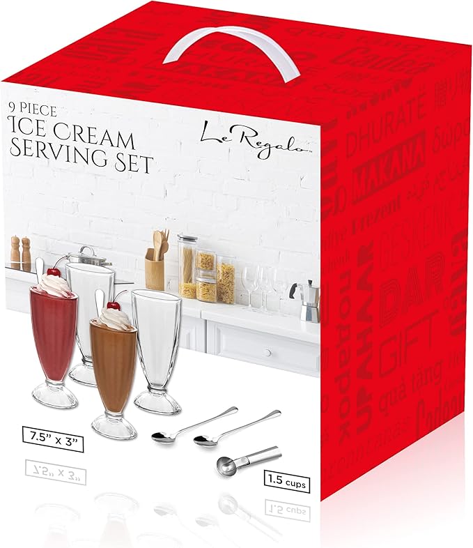 9-Piece Ice Cream Serving Set - 4 Cups, 4 Spoons, 1 Scoop for Sundaes, Milkshakes, Desserts - Silver, Large