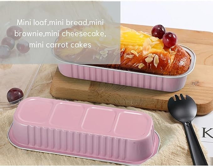 Findful Mini Loaf Baking Pans with Lids And Spoons (100 Pack, 6.8oz) Rectangle Aluminum Foil Baking Pans Tins Containers - Cupcake Containers Wrappers Cheesecake Creme Brulee Ramekins