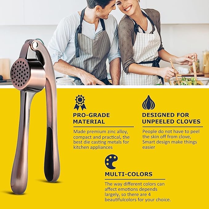 Premium Garlic Press Stainless Steel - Elevate Your Culinary Experience with Our Premium Garlic Mincer, Crusher & Peeler Set, Dishwasher Safe & Rust-proof (Bronze)