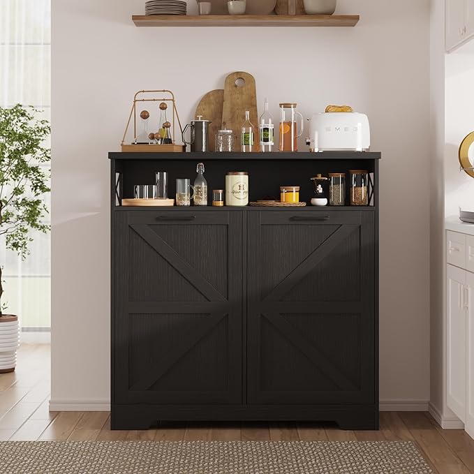 Befrases Double Tilt Out Trash Can Cabinet for 13 * 2 Gallon Garbage Can, Farmhouse Kitchen Garbage Trash Bin for Hidden Laundry Basket, Dual Dog Proof Recycling Cabinet for Dining Living Room, Black