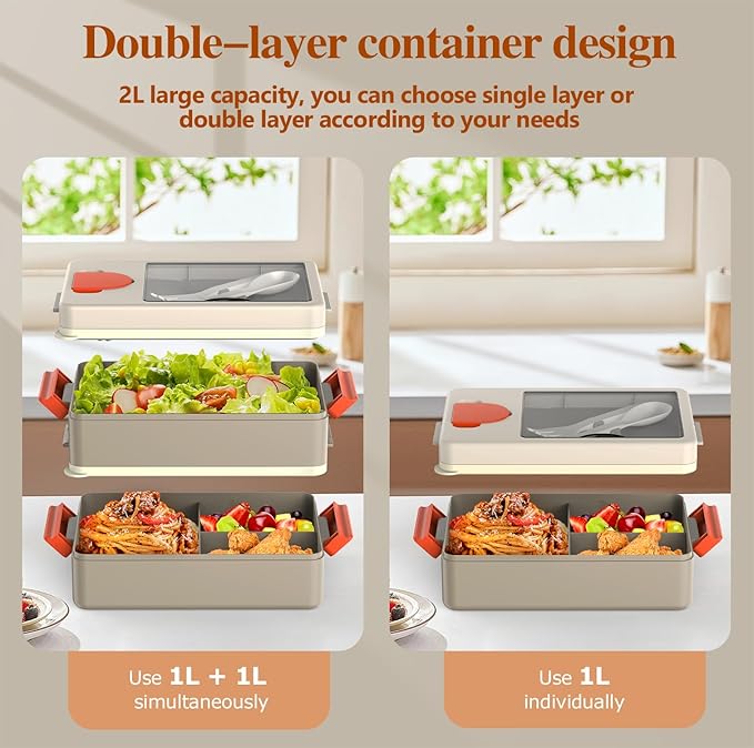 Sitlais Adult Lunch Box – Bento Box & Lunch Containers for Adults, Stackable, Leakproof, Microwave Safe, Portable Lunchbox for Work, Travel, Meal Prep, Durable & Easy to Carry (Khaki)