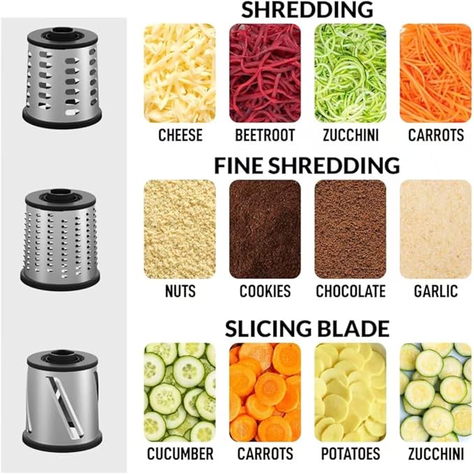 JIUMEXES Rotary Cheese Grater Hand Crank with 3-in-1 Blades – Fast, Safe & Effortless Grating, Perfect for Cheese, Vegetables & Chocolate, BPA-Free, Stable Suction Base