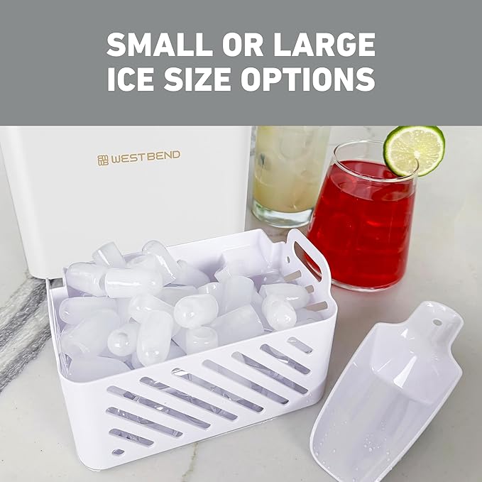 West Bend Timeless Ice Maker Mighty Ice Countertop Design Makes 26 Pounds of Bullet-Shaped Ice Cubes in 24 Hours, Digital Touch Controls and Self Cleaning Function, Includes Scoop, White/Gold