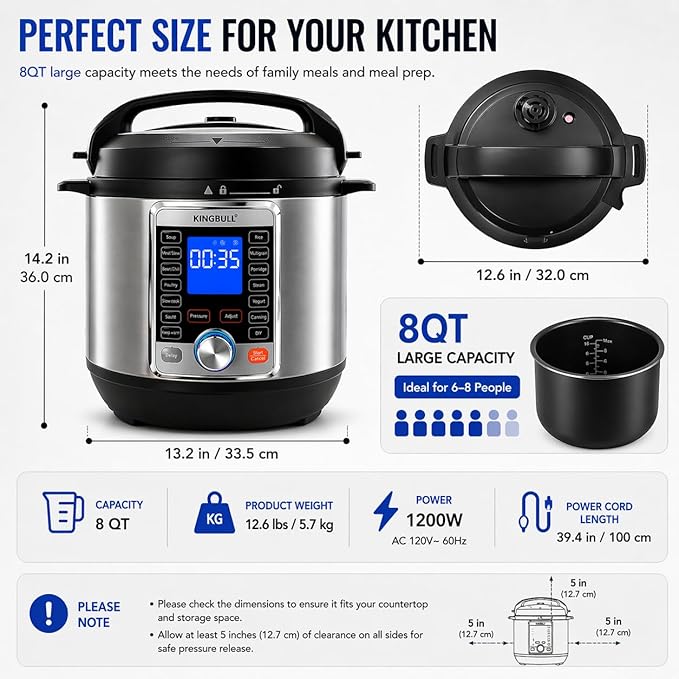 KINGBULL 14-in-1 Electric Pressure Cooker 8 Quart, Stainless Steel Multi Cooker with LCD Display and Knob Control, Slow Cooker, Rice Cooker, Steamer, Sauté, Yogurt Maker, Warmer, DIY Mode