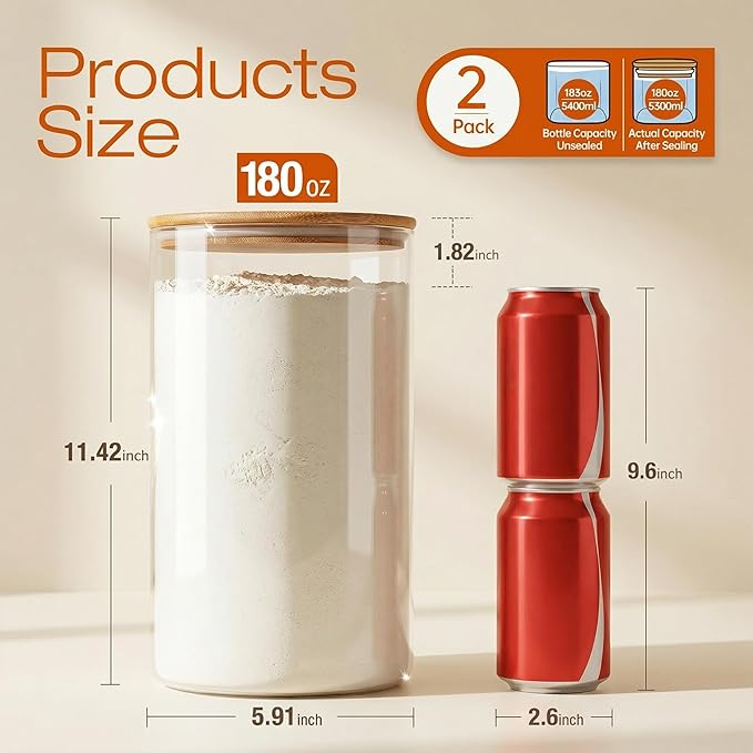 HomArtist Large Glass Flour and Sugar Containers 180oz x2 [Set of 2], Glass Food Storage Containers with Bamboo Lids, Glass Jar with Airtight Lids for Spaghetti Pasta,Rice,Cereal,Candy,Coffee, Oat