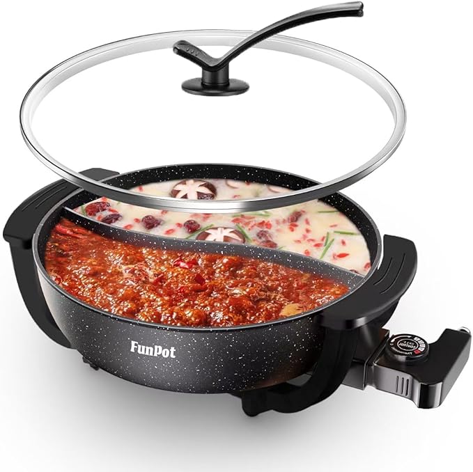 6L Dual-Sided Electric Hot Pot with Cool-Touch Handles, 1100W Adjustable Heat, Hexagonal Non-Stick Interior & Overheat Protection (Wraparound Black Handles)