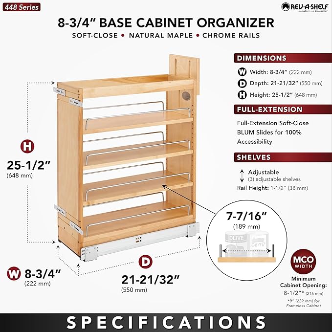 Rev-A-Shelf 8" Pullout Storage Organizer for Base Kitchen/Bathroom Cabinets with Soft-Close Full Extension Slides and Adjustable Shelves, 448-BCSC-8C
